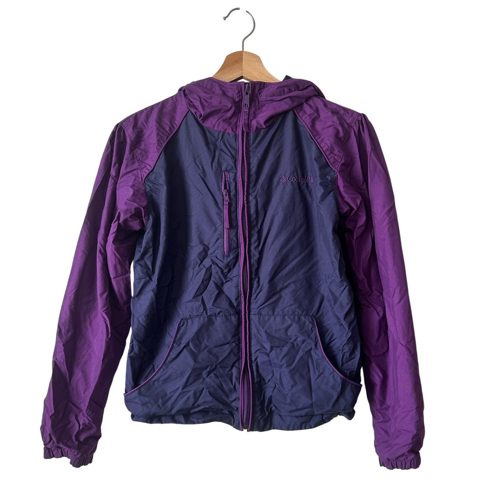 Columbia Youth Purple Blue Hooded Lightweight Full Zip Rain Jacket Size 14/16